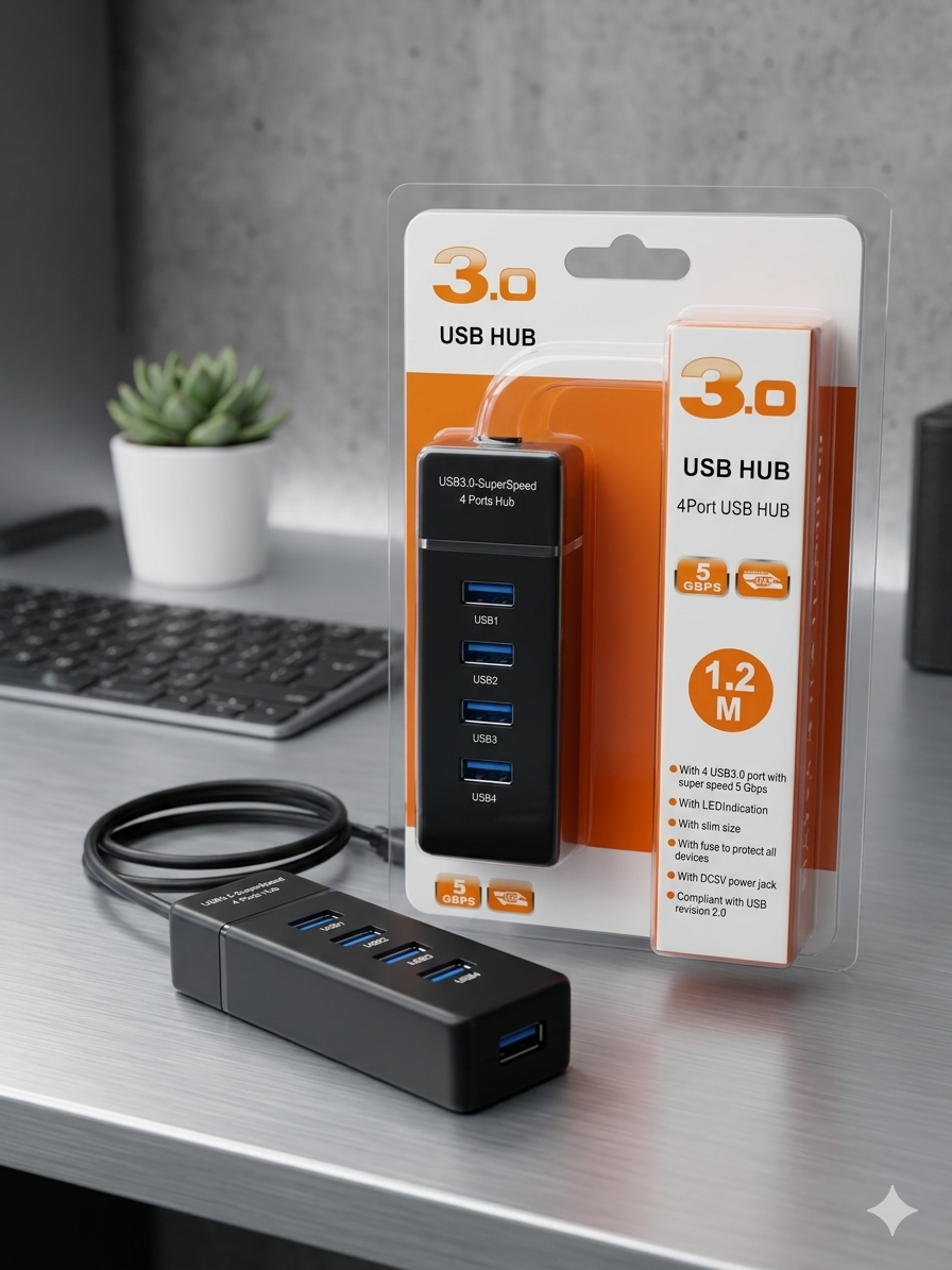 4-Port USB 3.0 Hub – SuperSpeed 5Gbps Slim Data Splitter with 1ft Cable