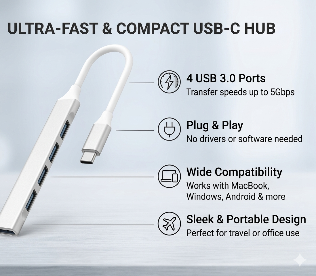 Ultra-Fast 4-Port USB-C Hub – Slim Aluminum USB-C to USB 3.0 Adapter for MacBook & PC - Image 2