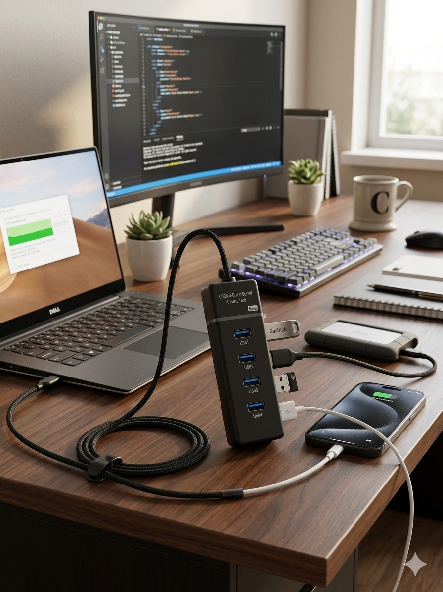 4-Port USB 3.0 Hub – SuperSpeed 5Gbps Slim Data Splitter with 1ft Cable - Image 3