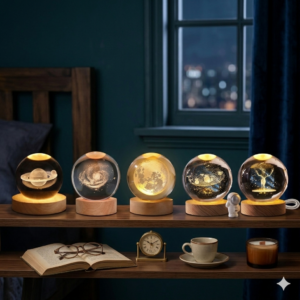 3D Laser Engraved Crystal Ball Night Lamp with LED Wooden Base - Aesthetic USB Ambient Light