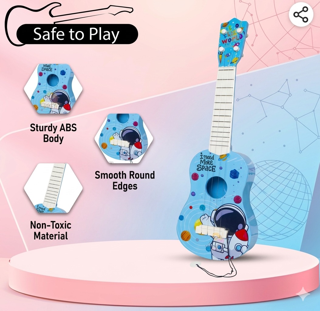 Space Astronaut Kids Guitar Toy – 57cm 4-String Musical Instrument for Beginners, Educational Learning Toy for Boys and Girls, Toddler Ukulele with Adjustable Strings – Blue Galaxy Edition