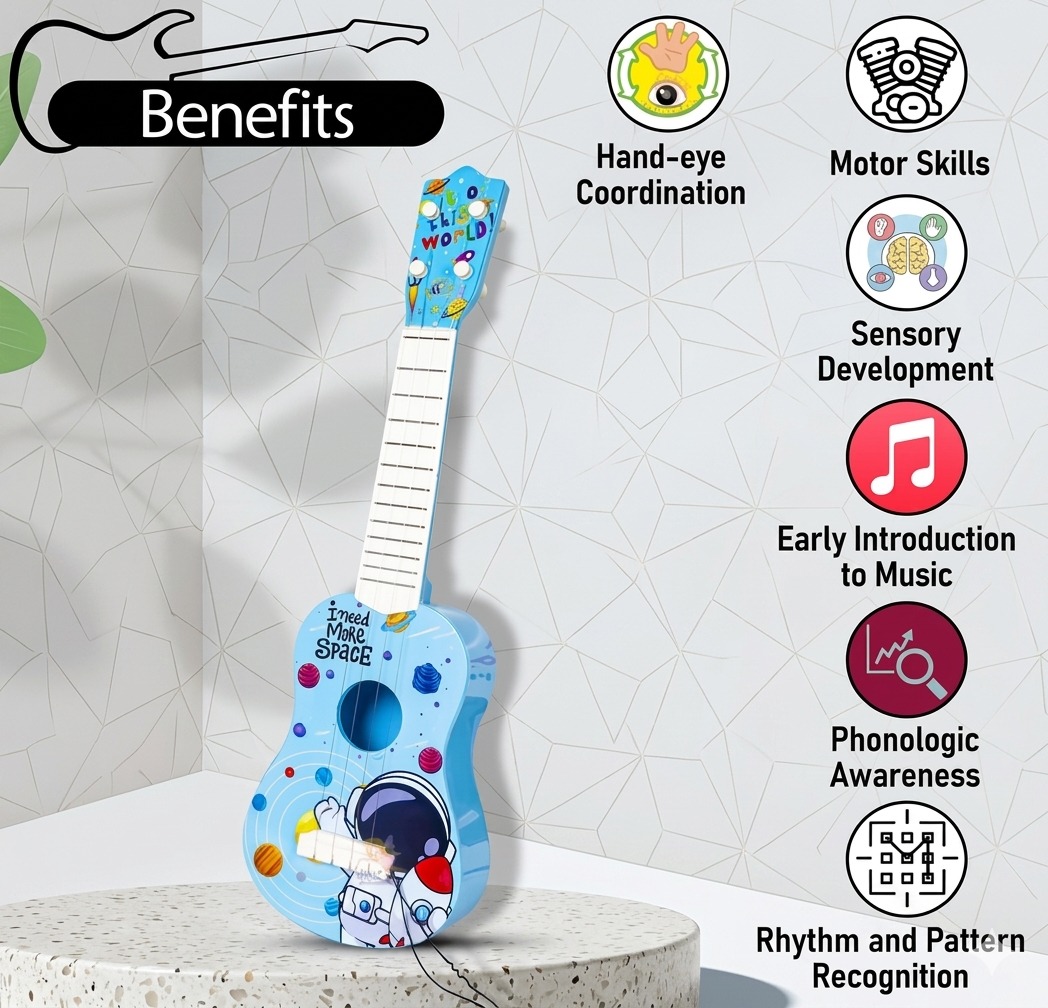 Space Astronaut Kids Guitar Toy – 57cm 4-String Musical Instrument for Beginners, Educational Learning Toy for Boys and Girls, Toddler Ukulele with Adjustable Strings – Blue Galaxy Edition - Image 3