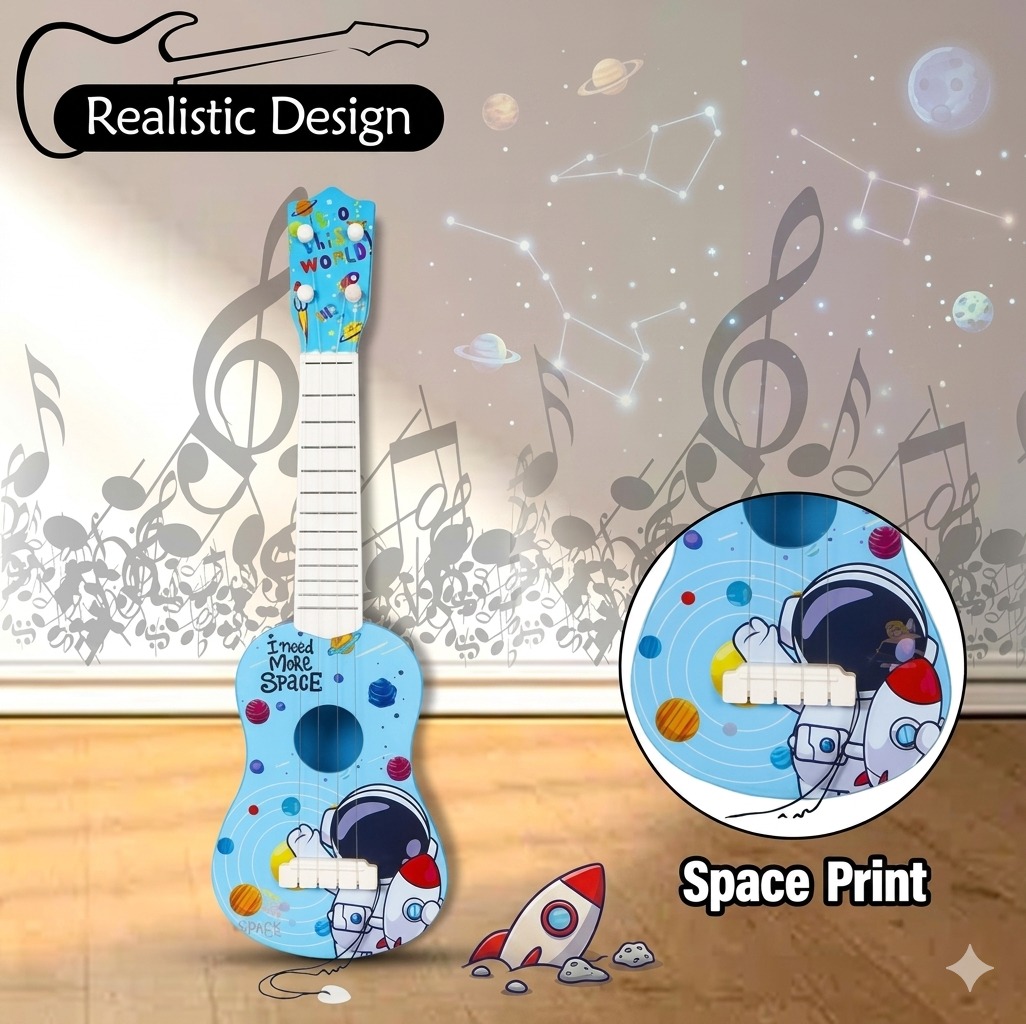 Space Astronaut Kids Guitar Toy – 57cm 4-String Musical Instrument for Beginners, Educational Learning Toy for Boys and Girls, Toddler Ukulele with Adjustable Strings – Blue Galaxy Edition - Image 2