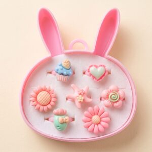 7-Piece Kids’ Adjustable Jewelry Set – Cute Animal & Flower Rings in Rabbit Display Case