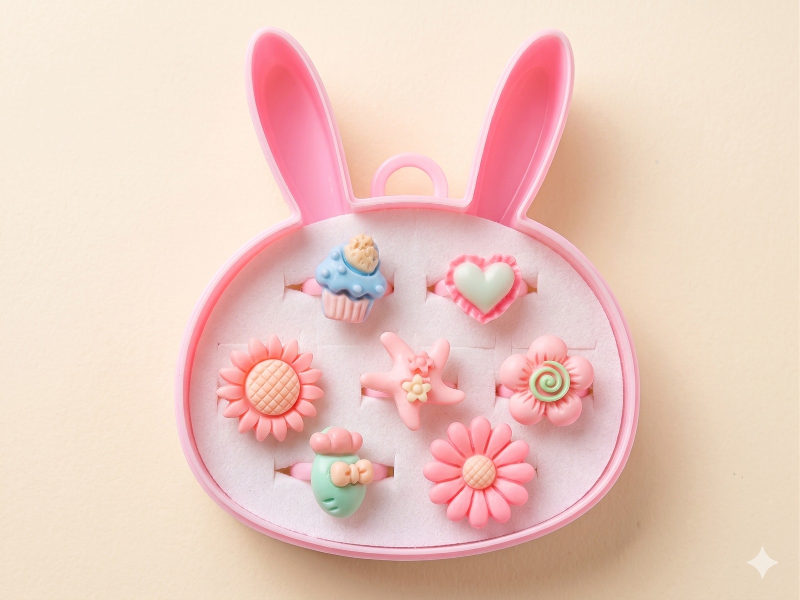 7-Piece Kids’ Adjustable Jewelry Set – Cute Animal & Flower Rings in Rabbit Display Case