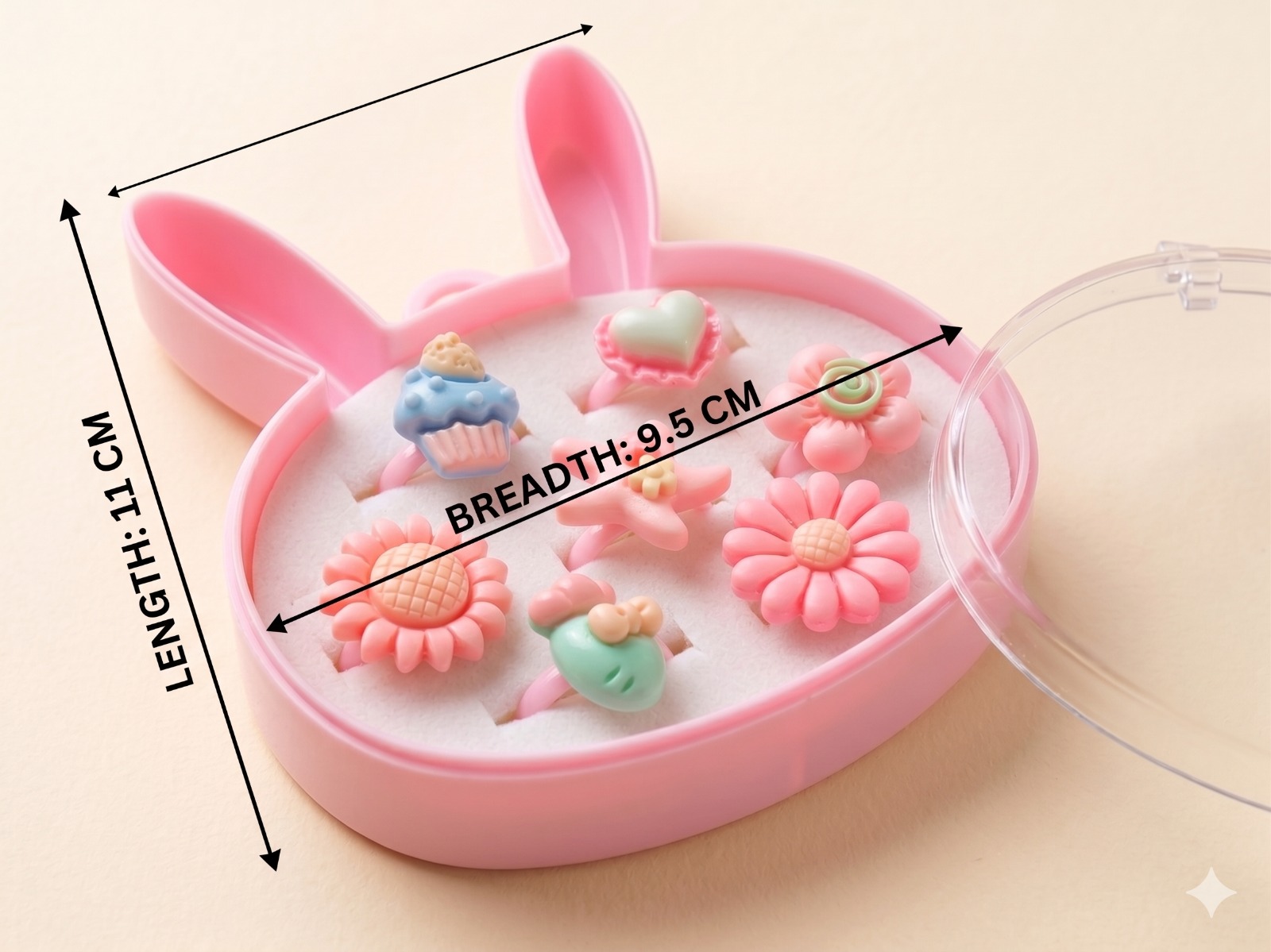 7-Piece Kids’ Adjustable Jewelry Set – Cute Animal & Flower Rings in Rabbit Display Case - Image 3