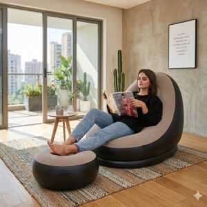 Premium Inflatable Lounge Chair with Ottoman – Ergonomic Air Sofa Recliner with Electric Pump – Waterproof Flocked Surface for Indoor & Outdoor Use