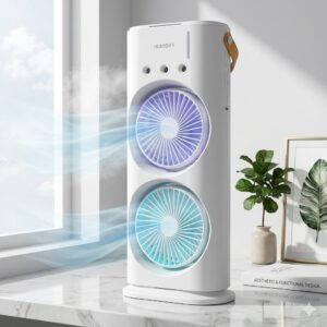 Portable Dual-Blade Table Fan – Ultra-Quiet 270° Oscillating Desktop Air Cooler with Remote