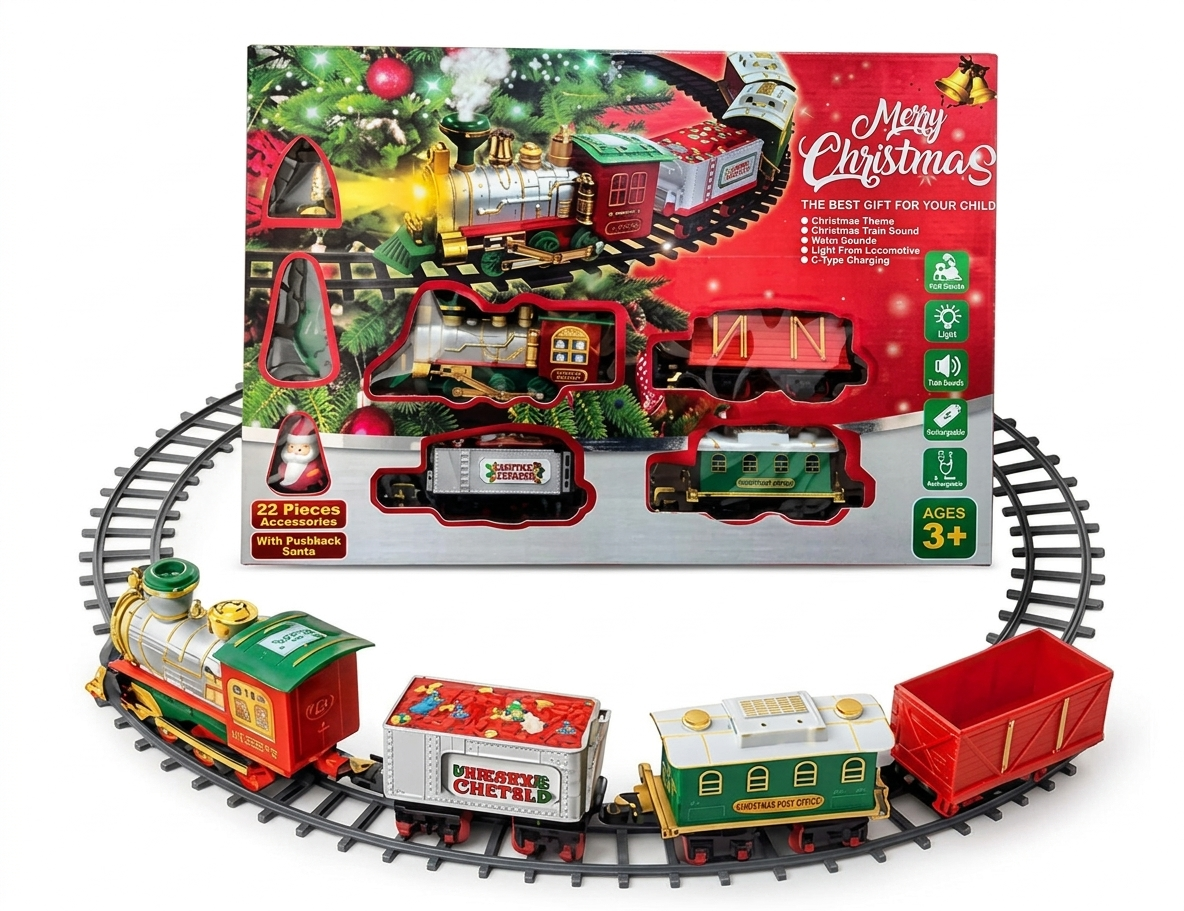 22-Piece Rechargeable Christmas Train Set with Lights, Realistic Sounds, and Circular Track