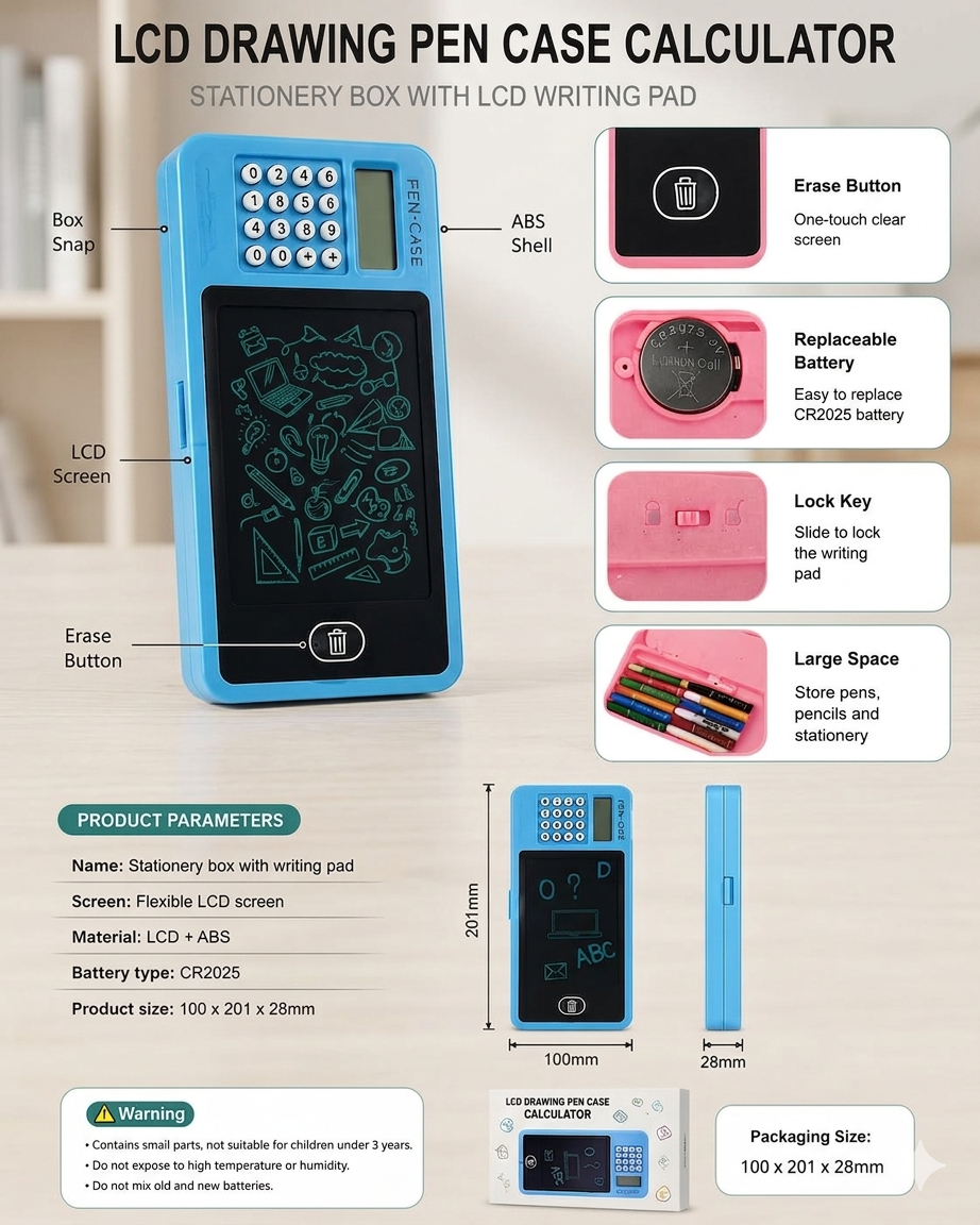 3-in-1 LCD Writing Tablet Pencil Box with Calculator & Digital Doodle Board for Kids - Image 3