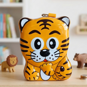 Cute Tiger Metal Piggy Bank with Lock & Key for Kids (Yellow Tin Coin Box) | B40-483