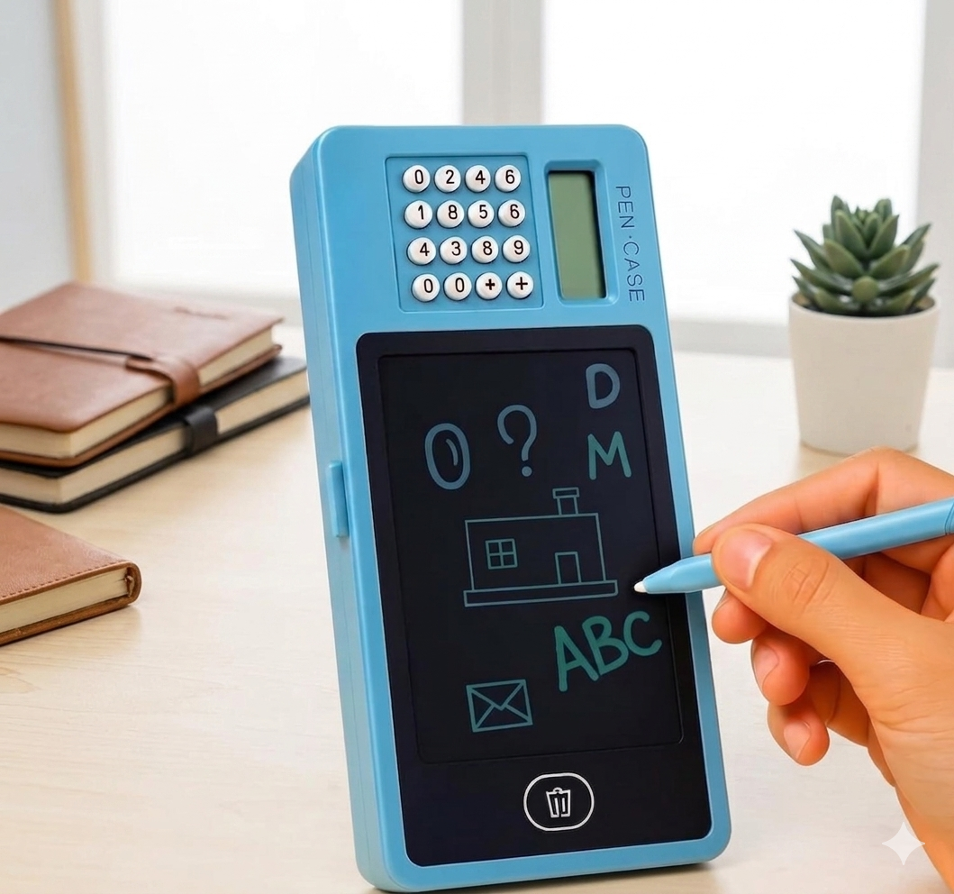3-in-1 LCD Writing Tablet Pencil Box with Calculator & Digital Doodle Board for Kids - Image 2