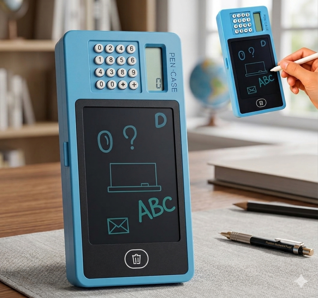 3-in-1 LCD Writing Tablet Pencil Box with Calculator & Digital Doodle Board for Kids