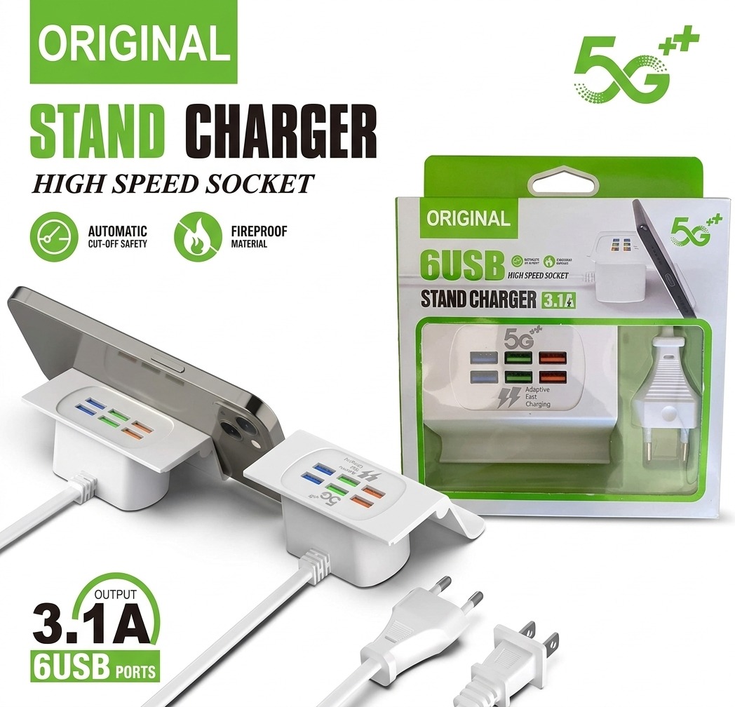 6-Port USB Charging Station with Integrated Mobile Stand | 3.1A Desktop Power Hub