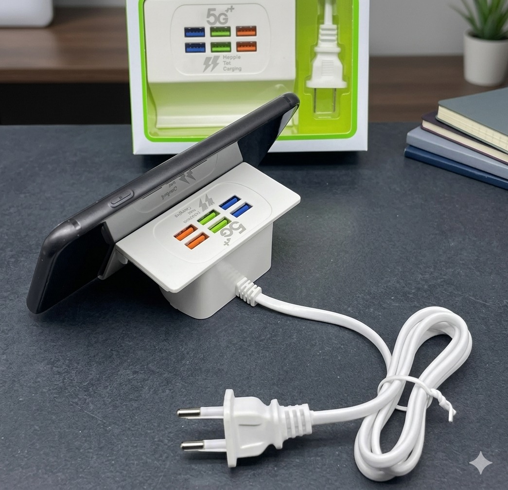 6-Port USB Charging Station with Integrated Mobile Stand | 3.1A Desktop Power Hub - Image 3