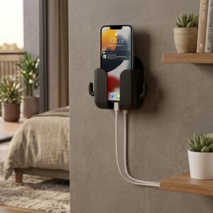 Wall-Mounted Mobile Phone Holder & Remote Organizer with Charging Port