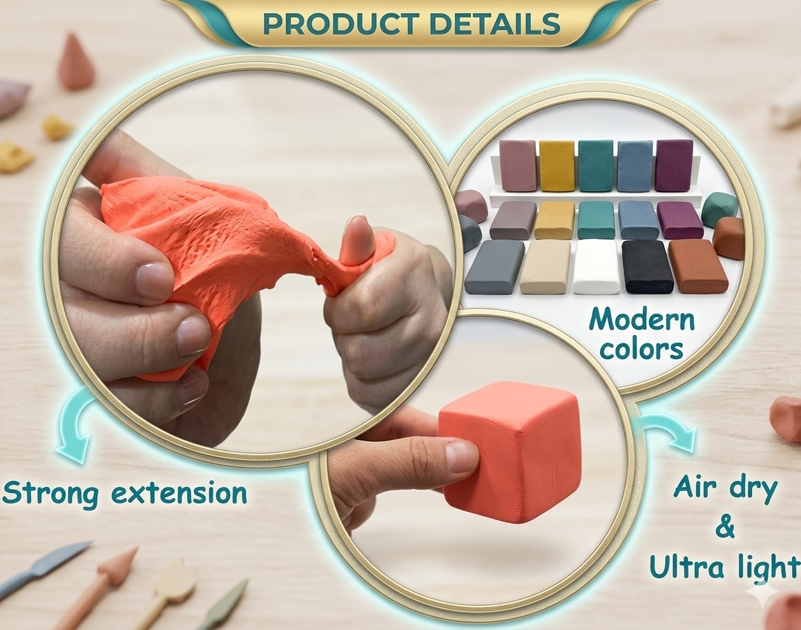 12-Piece Colorful Air Dry Clay Set for Kids – Soft Modeling Clay with 3 Craft Tools - Image 3