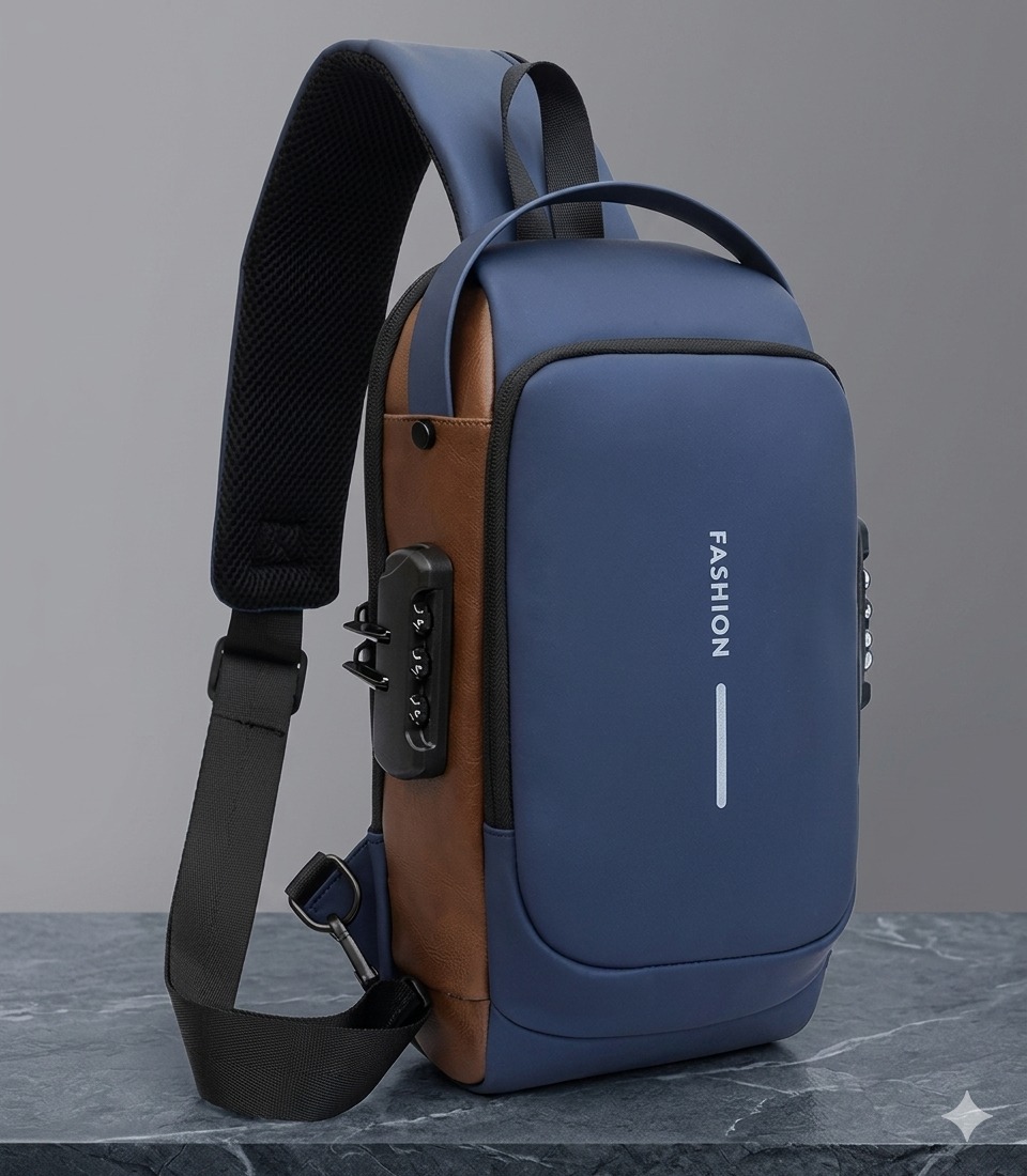 Premium PU Leather Blue Crossbody Sling Bag with USB Charging Port – Water Resistant & Travel-Ready