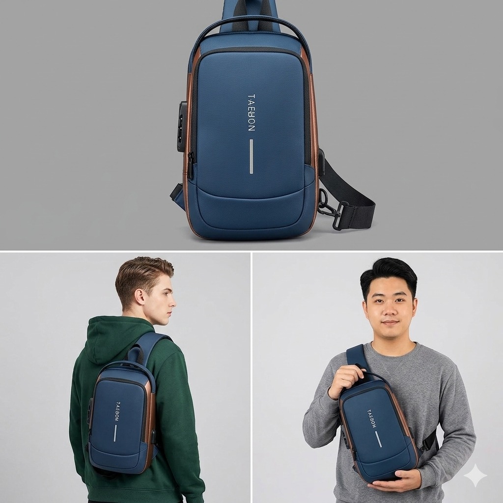 Premium PU Leather Blue Crossbody Sling Bag with USB Charging Port – Water Resistant & Travel-Ready - Image 2