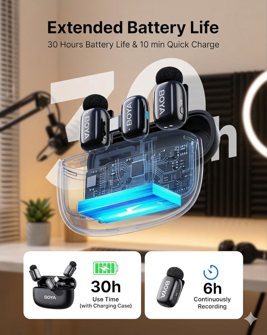 BOYA Wireless Lavalier Microphone + Portable Handheld Turbo Fan (Free) | Creator ; Travel Essentials Kit | C-8 - Image 5