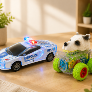 Kids Adventure Toy Combo | LED Police Car & Animal Monster Truck | Light, Sound & Friction Powered Toy Set | C-12