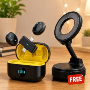 Wireless Lavalier Microphone + Magnetic Vacuum Suction Phone Holder Combo | Creator Essentials Kit | C-7