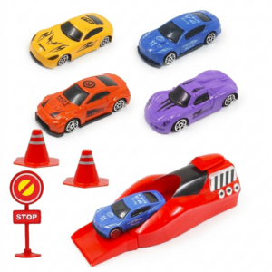 Rapid Car Launcher Playset with 4-Piece Die-Cast Metal Racing Cars – High-Speed Stunt Launcher Toy with Road Blockers and Stop Signs | A72-437