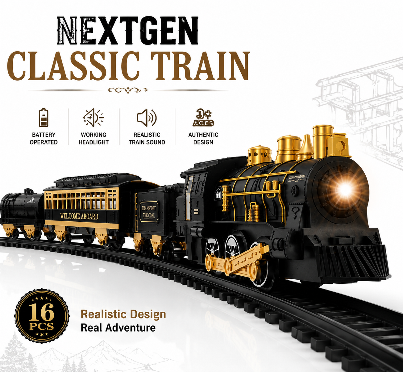 NextGen Classic Battery Operated Train Set with Light & Sound | 16 Pieces Railway Track Toy | Ages 3+| C28-451