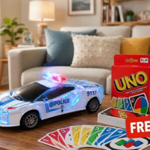 NextGen LED Police Car Toy with Lights ; Sound + FREE UNO Card Game | Fun Combo for Kids | Perfect Gift Set | C-13