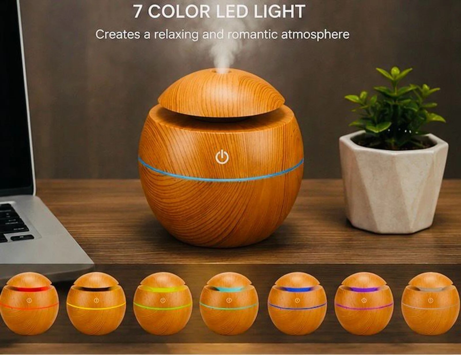 NEXTGEN Wood Grain USB Ultrasonic Aromatherapy Humidifier & Essential Oil Diffuser (7-Color LED, 200ml) - Image 4